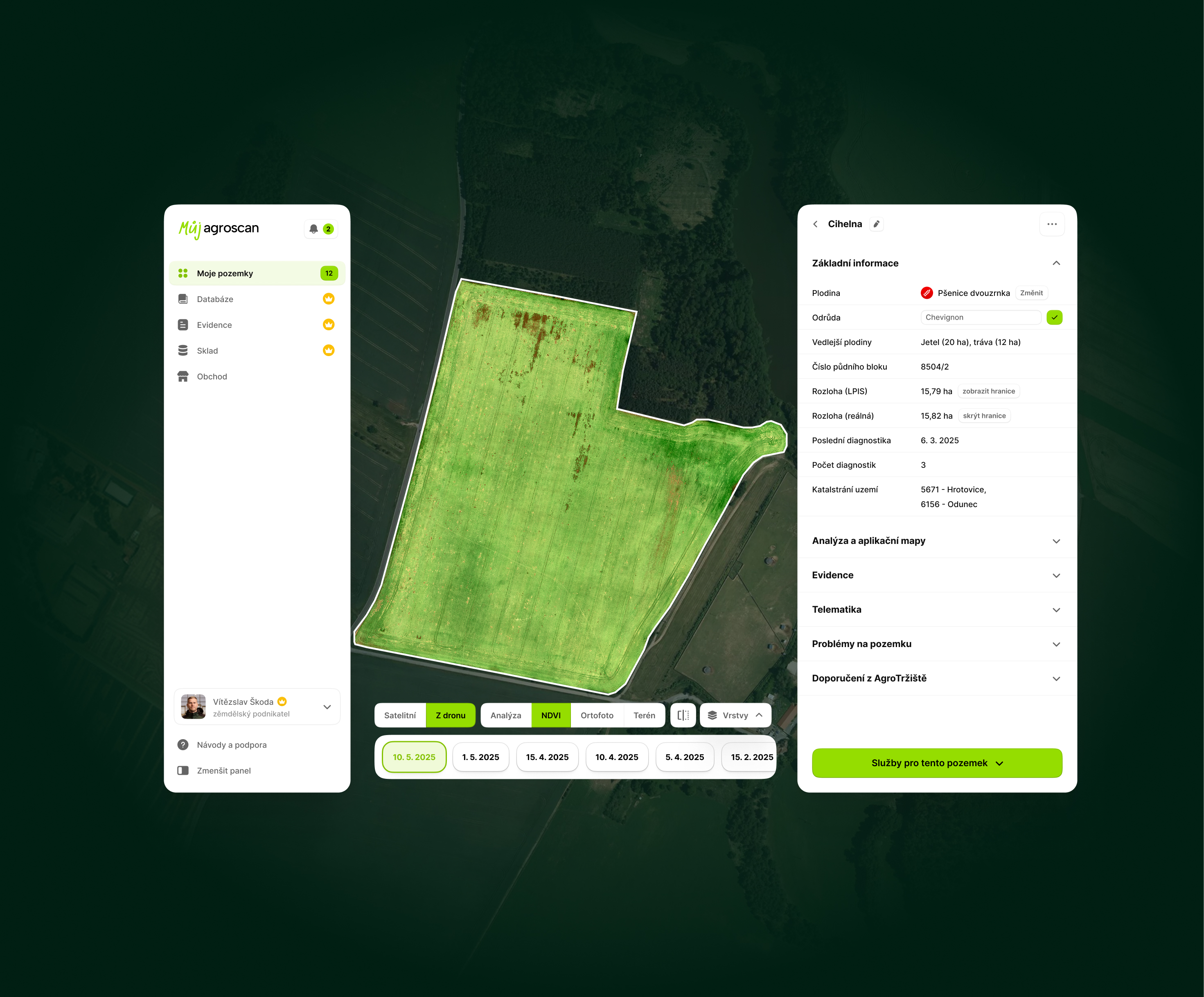Rozhraní aplikace Můj Agroscan s ortofotem pozemku, vegetační mapou NDVI a detailem pozemku