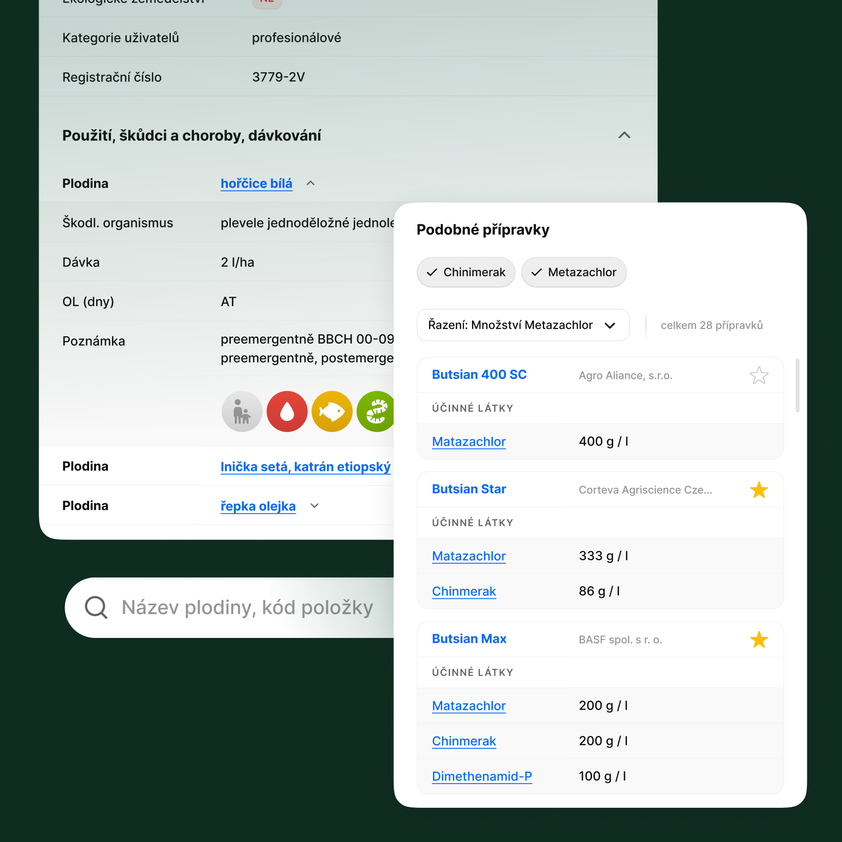 Vyhledávač zemědělských vstupů v aplikaci Můj Agroscan