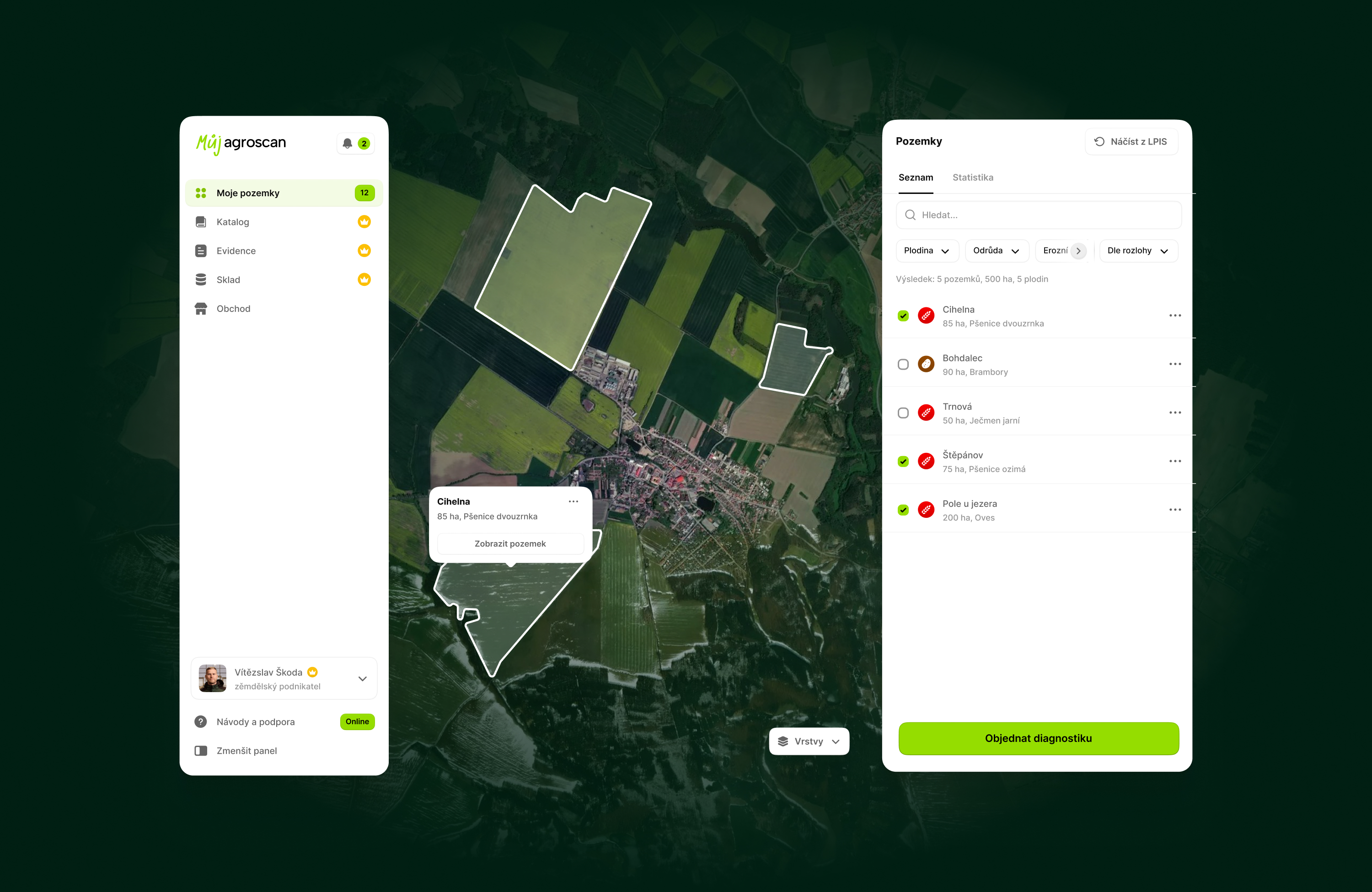 Rozhraní aplikace Můj Agroscan s ortofotem pozemku, vegetační mapou NDVI a detailem pozemku